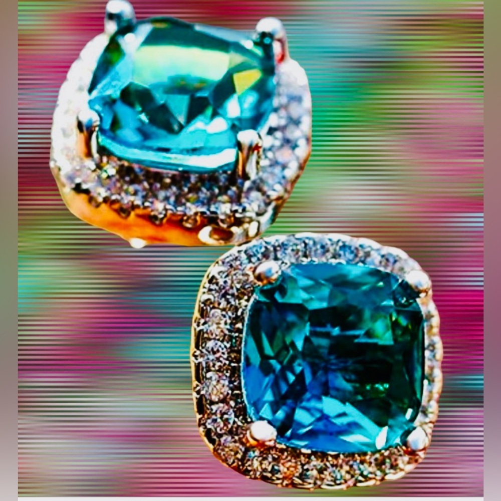Blue Green Topaz 925 Sterling Cushion Stud Earrings CZ Halo - Picture 4 of 11
